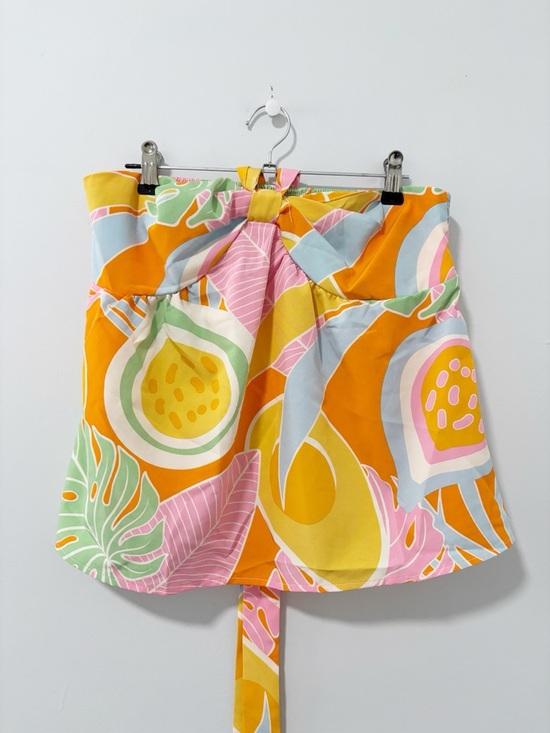 SHEIN Tops - SHEIN Tropical Print Strapless Top Womens Size Medium Orange Pink Yellow Coastal